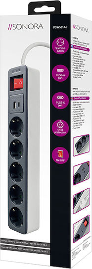 Sonora Power Strip with Surge Protection 5 Positions with 2 USB-A, USB-C, Switch and Cable 1.4m