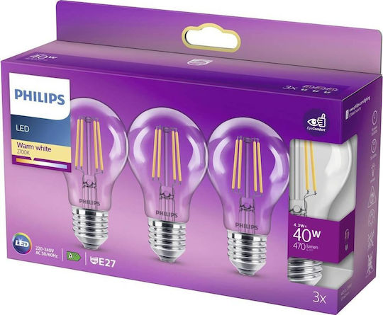 Philips Смарт крушки LED 4.3W за фасунга E27 топло бяло 470лм 3бр