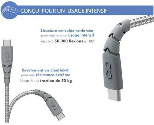 Force Power Ultra-Reinforced USB-A USB-C Cable 1.2m 3A Gray