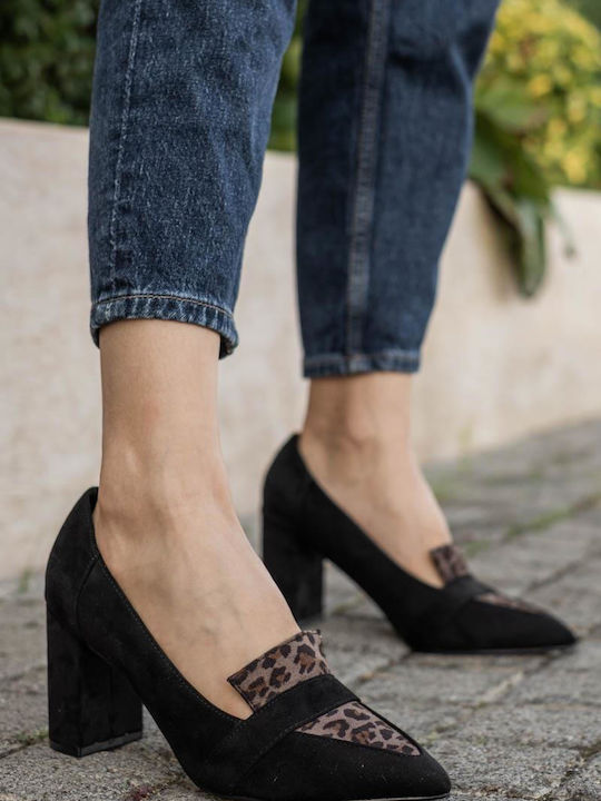 Suede Pointed Toe Black Heels Animal Print