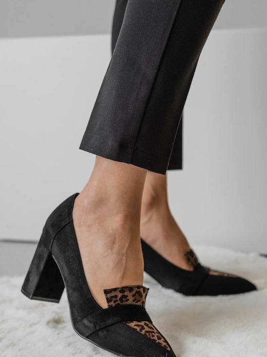 Suede Pointed Toe Black Heels Animal Print