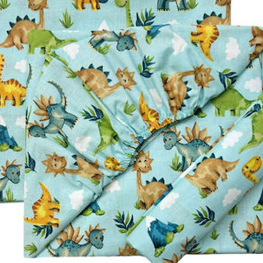 Bunny Bebe Set Baby Crib Cotton Fitted Sheets Dino Turquoise 70x140cm 3 Pieces