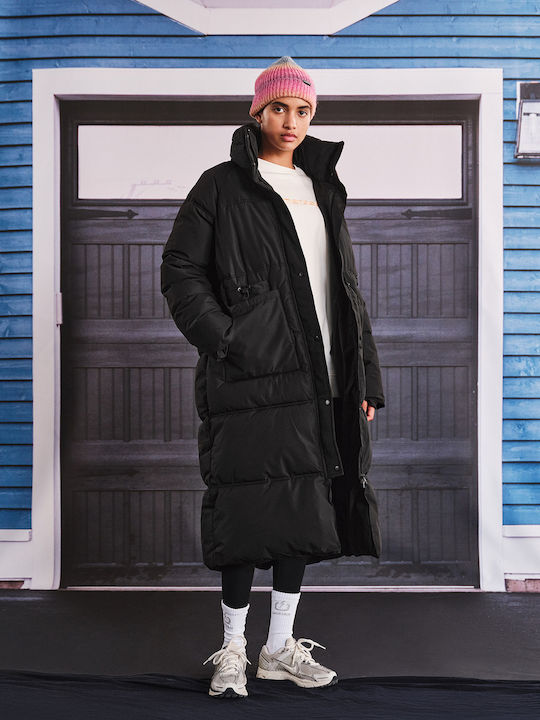 Lang Damen Puffer Jacke für Winter Schwarz