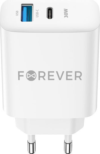 Forever Φορτιστής Χωρίς Καλώδιο με Θύρα USB-A και Θύρα USB-C 30W Power Delivery / Quick Charge 3.0 Λευκός (TC-07)