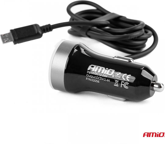 AMiO Pch Pro01 2x Micro Φορτιστής Αυτοκινήτου 2.4A Γρήγορης Φόρτισης με Θύρες: 2xUSB Μαύρο Χρώμα
