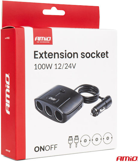 AMiO Φορτιστής Αυτοκινήτου 100W με Θύρες: 2xUSB 3xΑναπτήρα μαζί με Καλώδιο Ενσωματωμένο Μαύρο Χρώμα