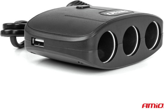 AMiO Φορτιστής Αυτοκινήτου 100W με Θύρες: 2xUSB 3xΑναπτήρα μαζί με Καλώδιο Ενσωματωμένο Μαύρο Χρώμα