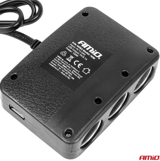AMiO Car Charger 100W with Ports: 2xUSB 3xLighter with Cable Embedded Black Color