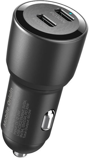 Mobile Origin CA11 Φορτιστής Αυτοκινήτου 60W Γρήγορης Φόρτισης με Θύρες: 2xType-C Μαύρο Χρώμα