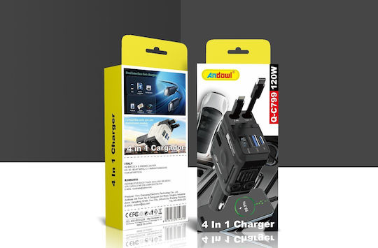 Andowl Qc799 4in1 Car Charger Φορτιστής Αυτοκινήτου 120W με μία Θύρα: 1xType-C μαζί με Καλώδιο Lightning / Type-C Μαύρο Χρώμα