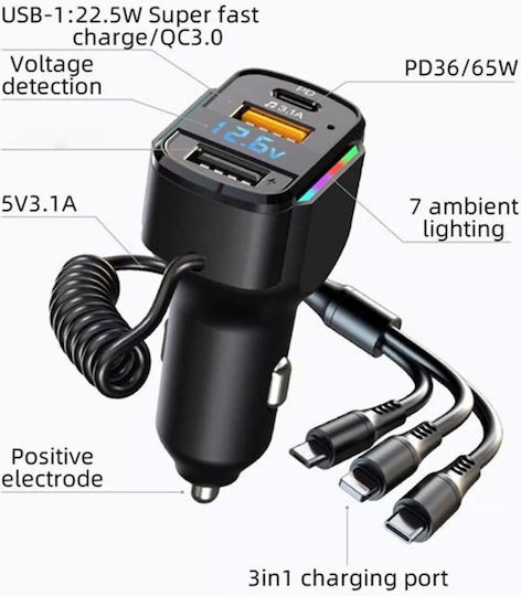 Car Charger 36W 3.1A with Ports 2xUSB 1xType-C with Cable Lightning Type-C mini-USB Black Colour