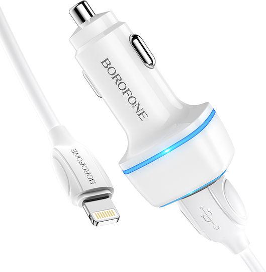 Borofone BZ14 Max Auto-Ladegerät 2.4A mit Anschlüssen: 2xUSB mit Kabel Blitzschlag Weiß Farbe