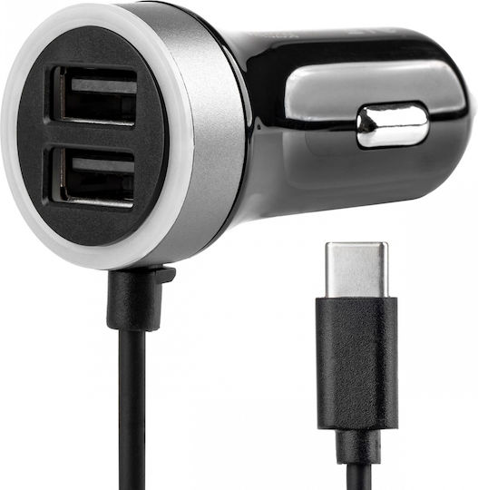 AMiO Φορτιστής Αυτοκινήτου 2.4A με Θύρες: 2xUSB-A μαζί με Καλώδιο Type-C Μαύρο Χρώμα