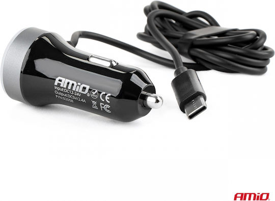 AMiO Φορτιστής Αυτοκινήτου 2.4A με Θύρες: 2xUSB-A μαζί με Καλώδιο Type-C Μαύρο Χρώμα