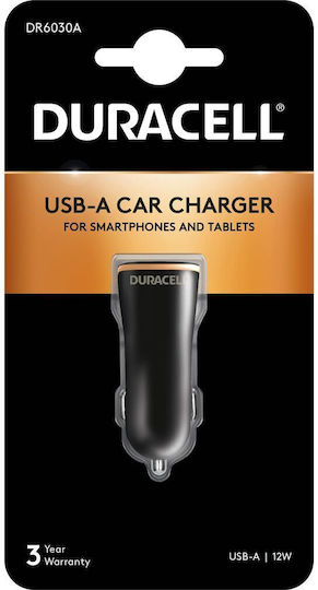 Duracell Auto-Ladegerät 12W 2.4A mit einer Buchse 1xUSB-A Schwarze Farbe