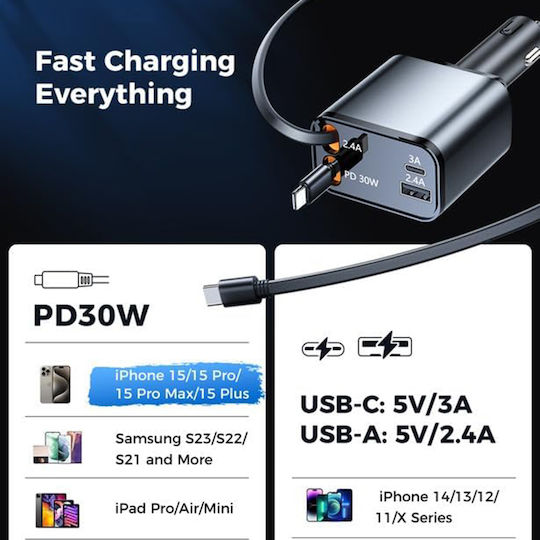 Techsuit Φορτιστής Αυτοκινήτου 69W 2.4A με Θύρες: 1xUSB 1xType-C μαζί με Καλώδιο Lightning / Type-C Γκρι Χρώμα