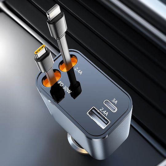 Techsuit Φορτιστής Αυτοκινήτου 69W 2.4A με Θύρες: 1xUSB 1xType-C μαζί με Καλώδιο Lightning / Type-C Γκρι Χρώμα