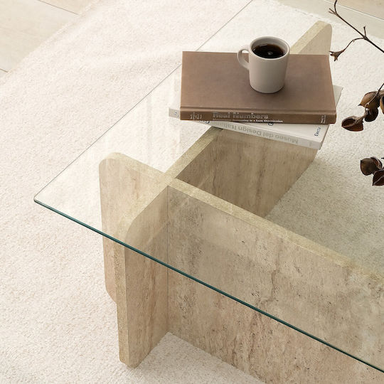 Hanah Home Rechteckiger Zentraler Kaffeetisch Escape Glas Beige M105xL65xH30cm