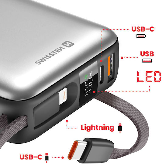 Swissten Space Power Bank 20000mAh 22.5W με Θύρα USB-A και Θύρα USB-C Power Delivery Ασημί