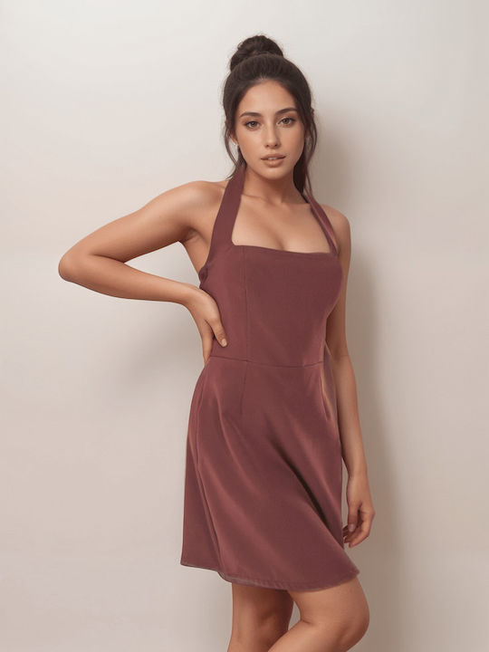 Summer Mini Evening Dress Open Back Brown