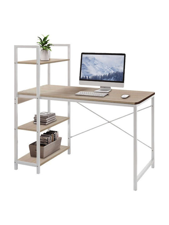Desk Bencour Wooden with Bookshelf Oak-White Metal with Metal Legs 90x40x73cm