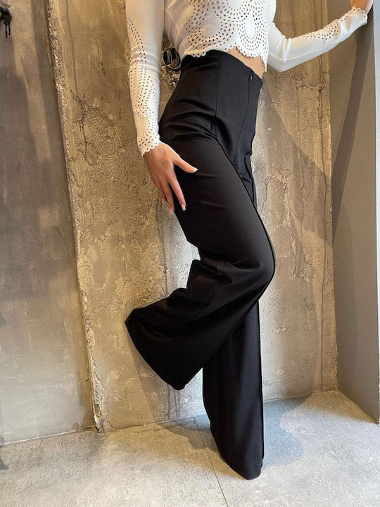 Damen Hoch tailliert Stoff Hose Schlaghose Black