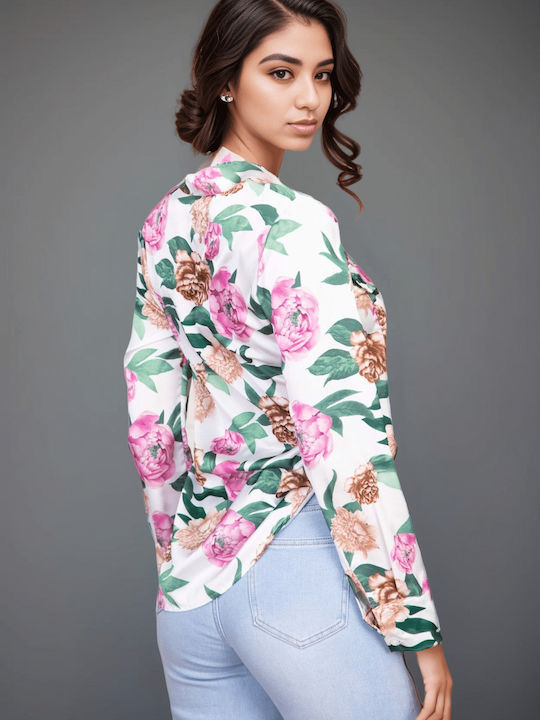 Women's Denim Floral Long Sleeve Shirt White