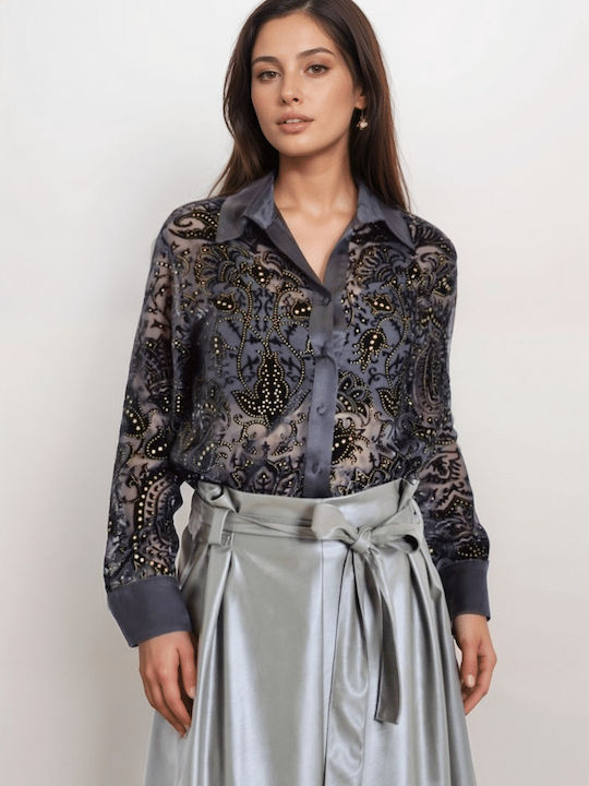 Langärmelig Damen Satin,σατεν Hemd Black Monochrom