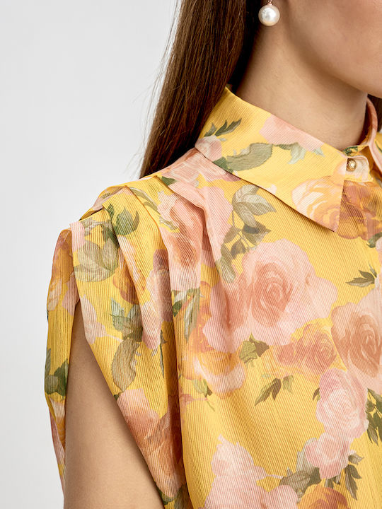 Ärmellos Damen Hemd Yellow Blumen