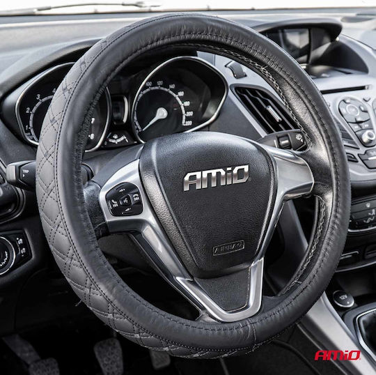 AMiO Car Steering Wheel Cover with Diameter 41-43cm made of Leatherette Black with Black Stitching