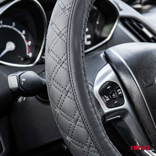 AMiO Car Steering Wheel Cover with Diameter 39-41cm made of Leatherette Black with Black Stitching