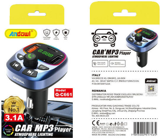 Andowl FM Transmitter Αυτοκινήτου με Bluetooth / USB