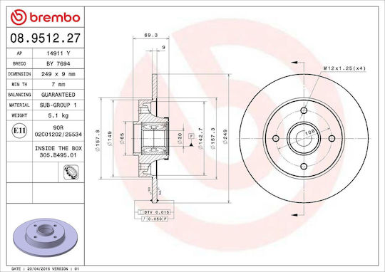 Peugeot 208 Brembo 08951227 Brake Disc