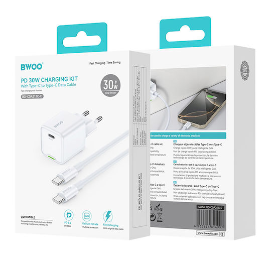 BWOO Ladegerät GaN mit USB-C Anschluss und Kabel USB-C - USB-C 30W Stromlieferung Weißs (GaN)