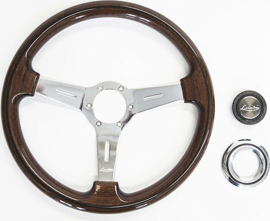 Luisi Wooden Three Spoke Car Steering Wheel with 37cm Diameter Brown/Silver