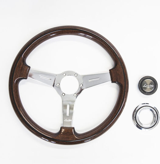 Luisi Wooden Three Spoke Car Steering Wheel with 37cm Diameter Brown/Silver
