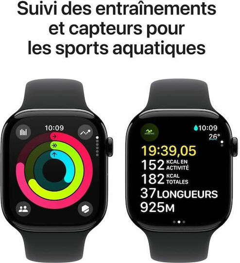 Apple Watch Series 10 Aluminium 46mm Αδιάβροχο με Παλμογράφο (Jet Black με Black Sport Band - M/L)