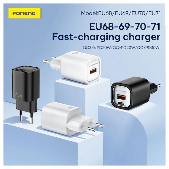 Foneng Φορτιστής με Θύρα USB-C και Καλώδιο USB-C - Lightning 20W Power Delivery Λευκός (EU69)