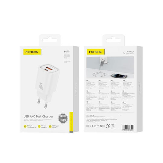 Foneng Charger Without Cable with USB-A Port and USB-C Port 20W Power Delivery Whites (EU70)