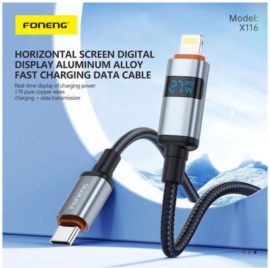 Foneng Braided USB-C to Lightning Cable 27W Μαύρο 1.2m (X116)