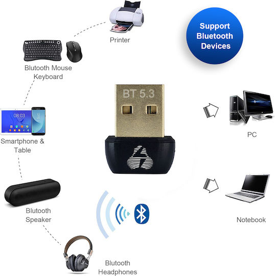 Powertech USB Bluetooth 5.3 Адаптер с Обхват 20м Сив (PT-1451)