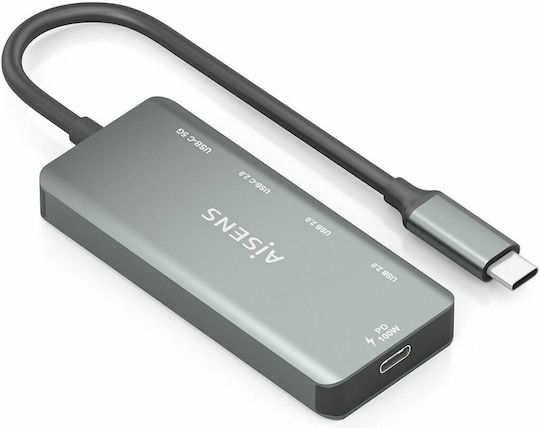 Aisens USB Хъб 4 Порта USB 2.0 с USB-C Интерфейс Ethernet Сив