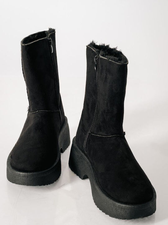 Suede Γυναικεία Μποτάκια με Γούνα Μαύρα