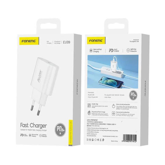 Foneng Încărcător Fără Cablu cu Port USB-C 20W Livrarea energiei Albς (EU39)