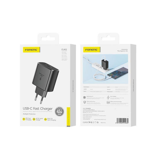 Foneng Φορτιστής Χωρίς Καλώδιο GaN με Θύρα USB-C 45W Power Delivery Μαύρος (EU62)