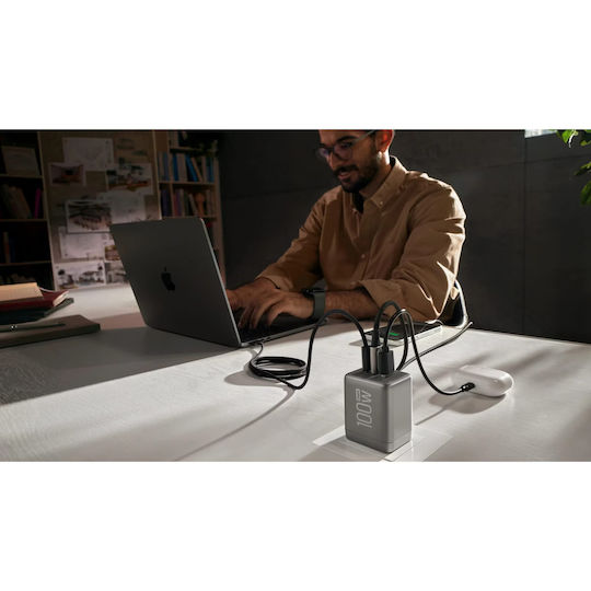 EcoFlow Charger Without Cable GaN with USB-A Port and 2 USB-C Ports 100W Quick Charge 3.0 / Quick Charge 2.0 Silver (Rapid Pro)