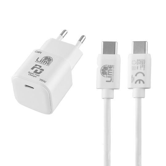 Lime Φορτιστής GaN με Θύρα USB-C και Καλώδιο USB-C - USB-C 78W Power Delivery Λευκός (LTC78W)