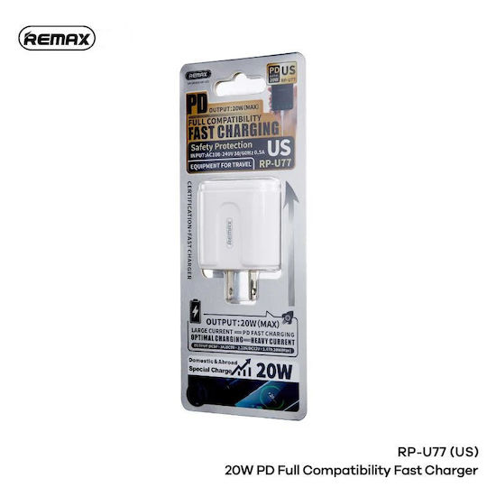 Remax Φορτιστής Χωρίς Καλώδιο με Θύρα USB-C 20W Power Delivery Λευκός (RP-U77)