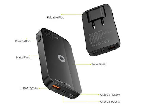 Mobile Origin Φορτιστής Χωρίς Καλώδιο GaN με Θύρα USB-A και 2 Θύρες USB-C 65W Μαύρος