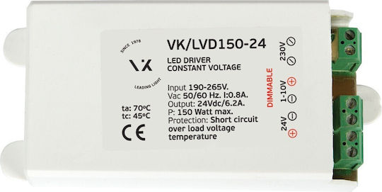VK Lighting Dimmable LED Power Supply IP54 Power 150W with Output Voltage 24V